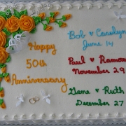 IMG 7797  The anniversary cake for Bob & Carolyn Schwanzl, Paul & Ramona Burkhart, and Gene & Ruth Schroeder