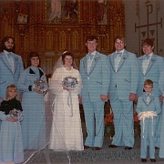 Tom and Edna Hoyt Wedding  Thomas and Edna (Wagner) Hoyt Wedding  Back Row: Betty Dershum, Dennis Carroll, Nancy Schroeder, Edna (Wagner) Hoyt, Tom Hoyt, Dick Karhoff, Paul Schroeder, Nancy Karhoff Front Row: Shari Karhoff, Bill Hoyt January 15, 1977